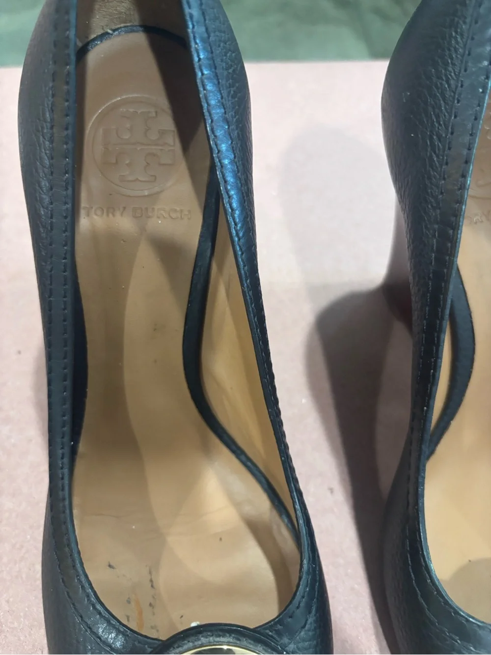 Tory Burch Selma Peep Toe Wedges-Black Pebbled Leather-Gold Logo Medallion 8M